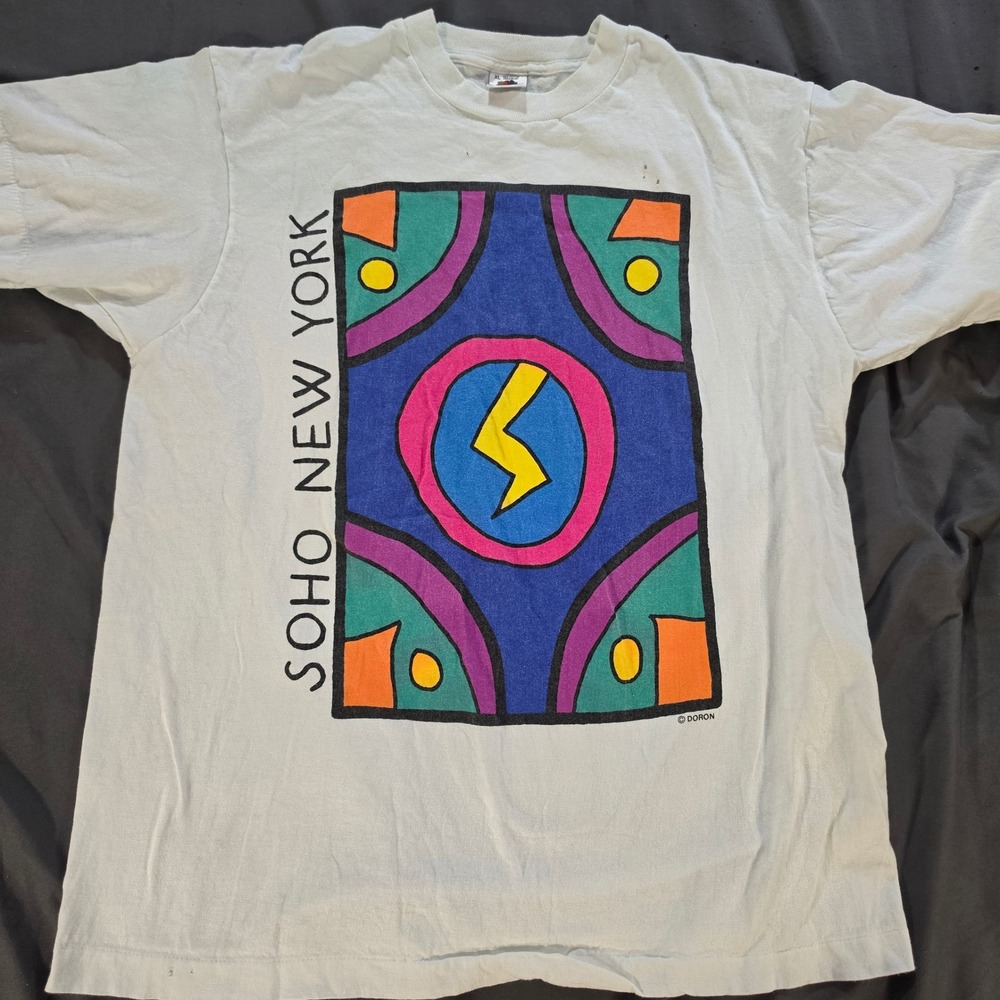 Vintage Fruit of the Loom Soho New York Doron Graphic T-Shirt Mens XL White 90s‎